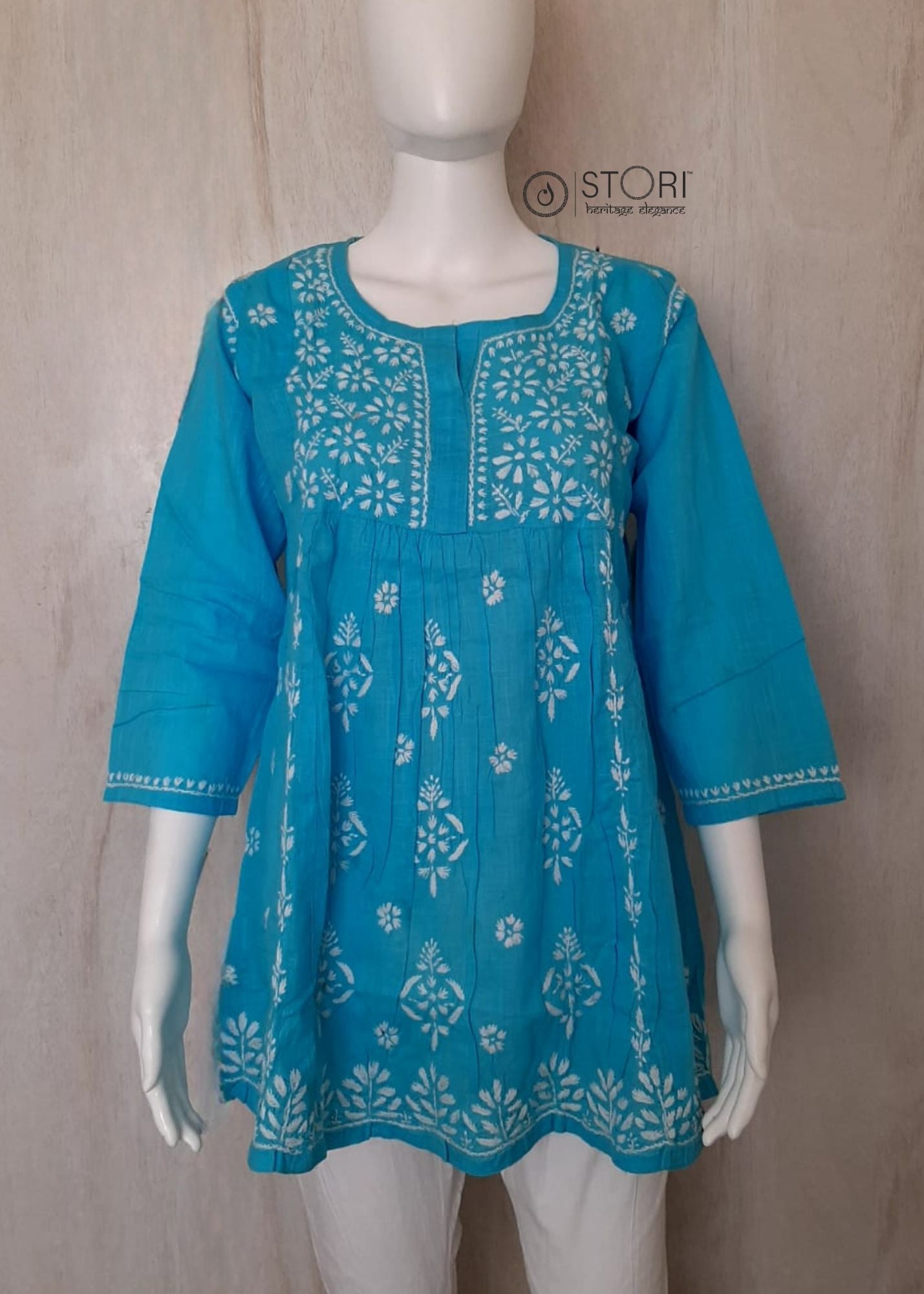 Sky Blue Slub Cotton Handcrafted Chikankari Short Kurti