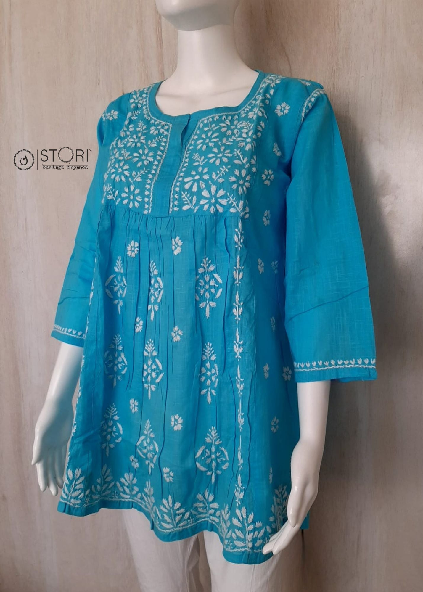 Sky Blue Slub Cotton Handcrafted Chikankari Short Kurti