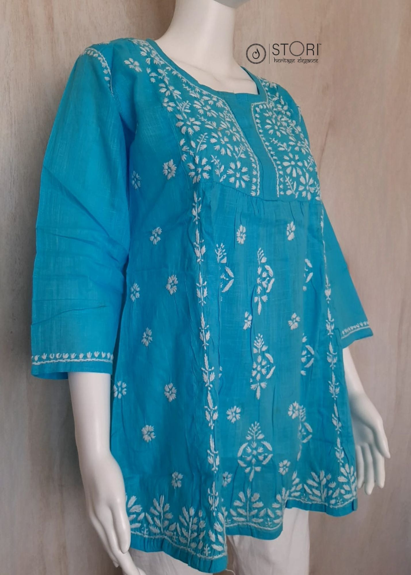 Sky Blue Slub Cotton Handcrafted Chikankari Short Kurti