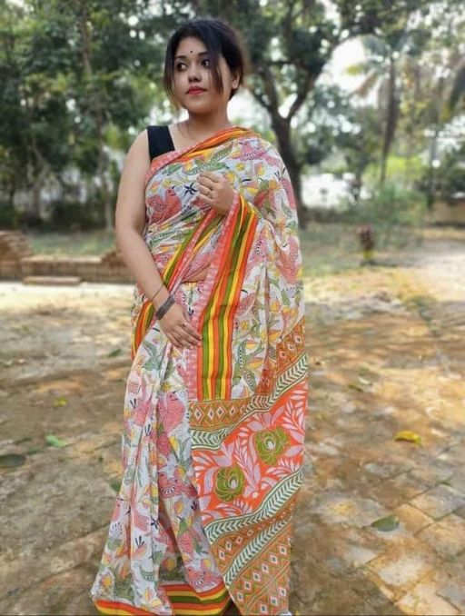 White Printed Pure Cotton Saree