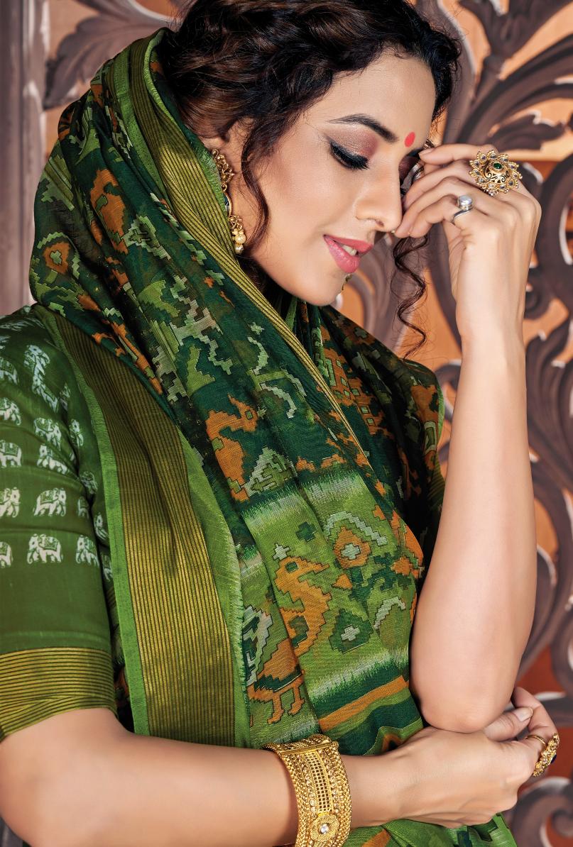 Dark Green Printed Handloom Cotton Saree