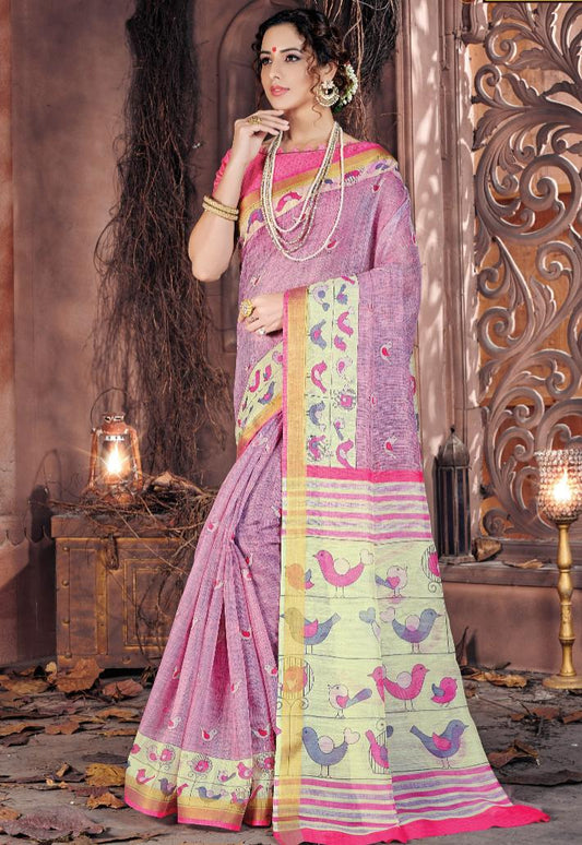 Lavendar Pink Printed Handloom Cotton Saree