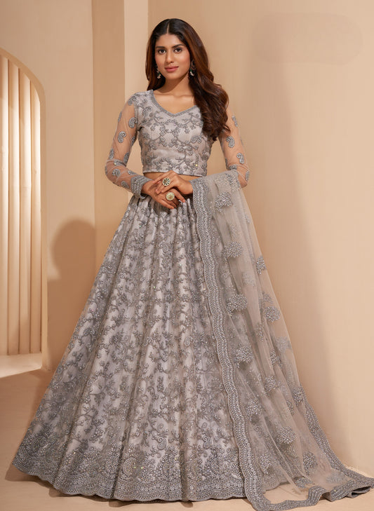 Shell Grey Heavy Embroidered Net Lehenga