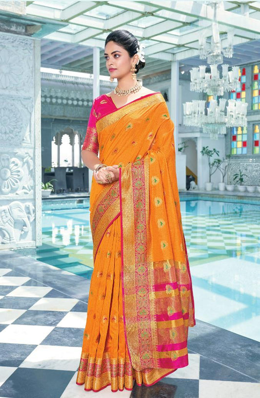 Orange & Pink Handloom Weaved Cotton Saree