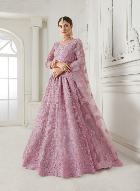 Rose Pink Heavy Embroidered Net Lehenga