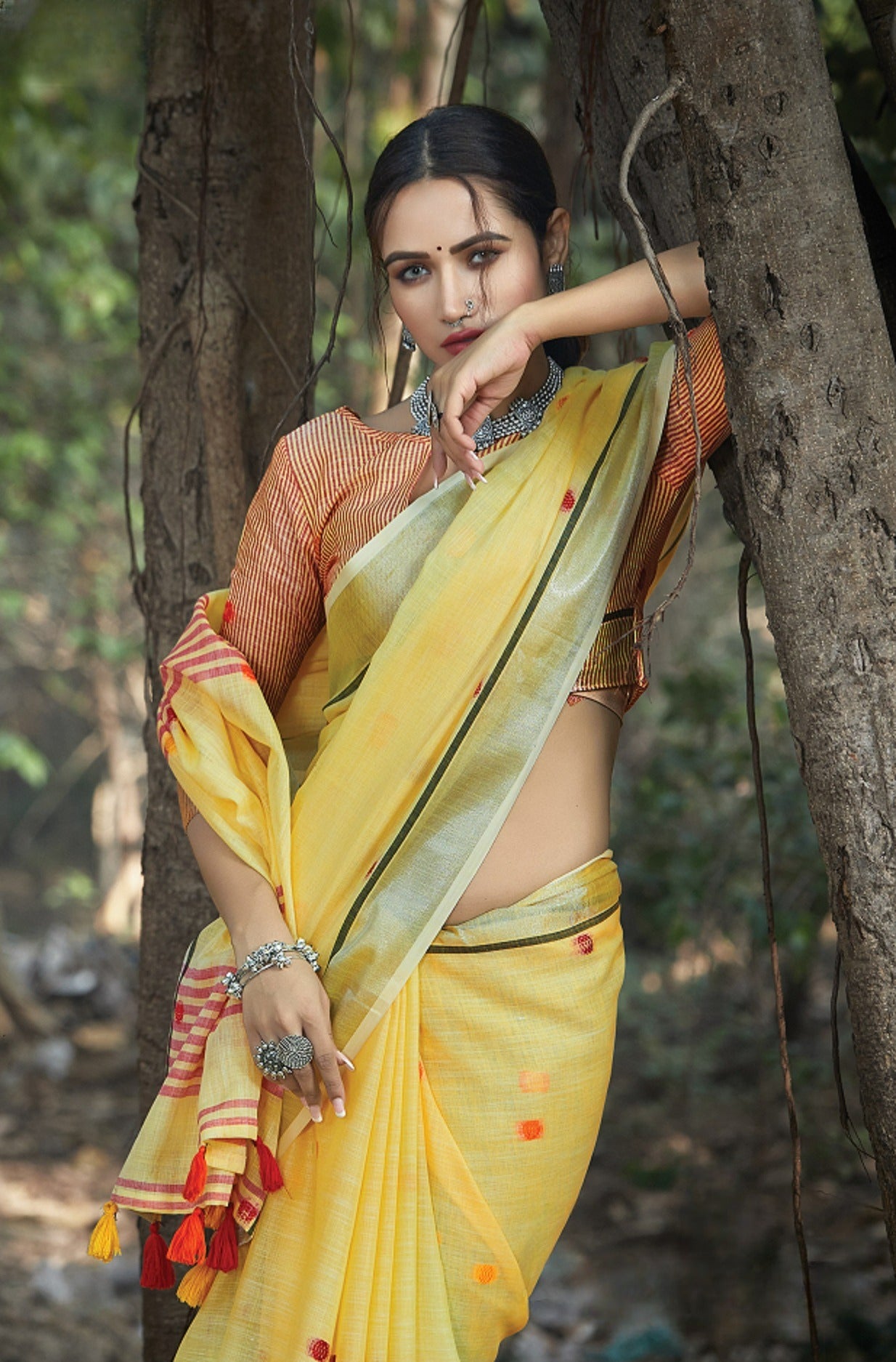 Royal Yellow Zari Woven Border Linen Saree