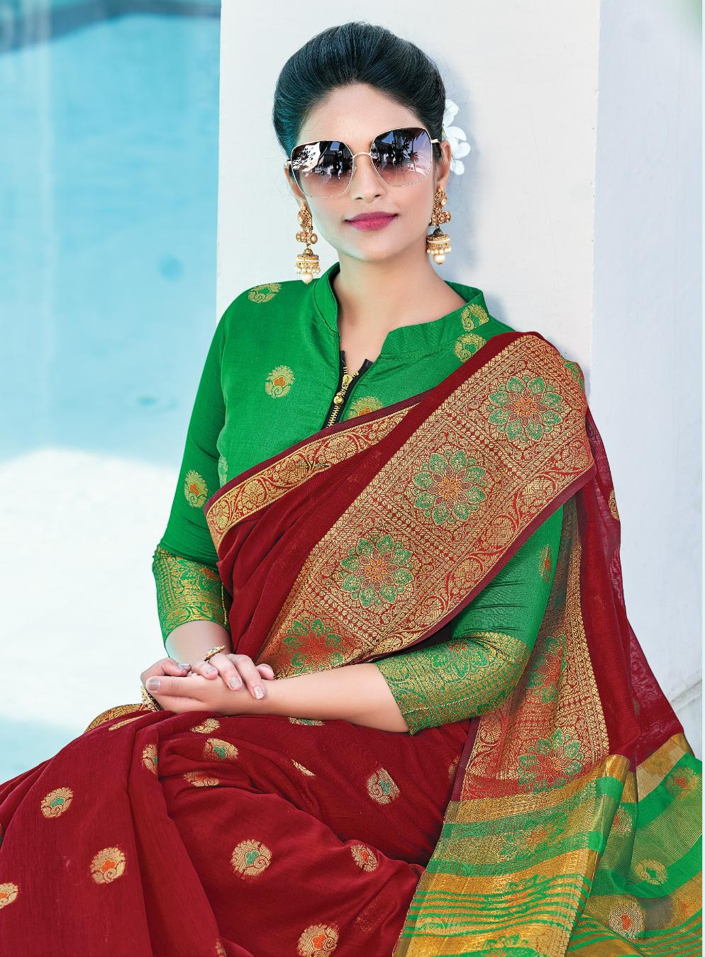 Maroon & Green Handloom Weaved Cotton Saree