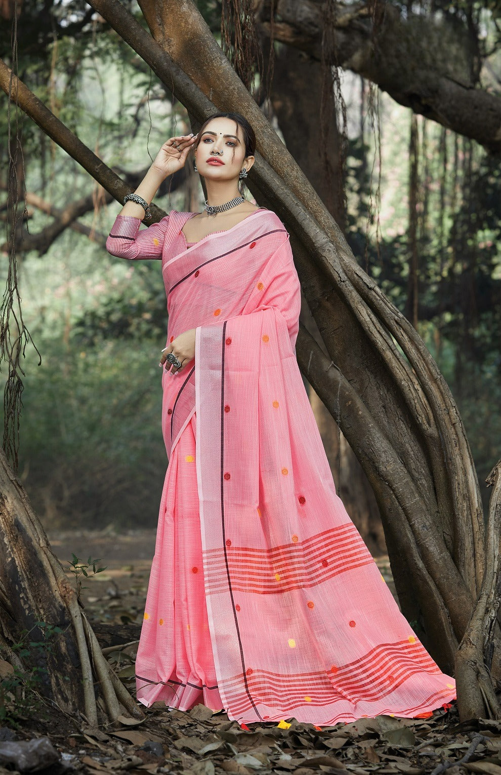 Watermelon Pink Zari Woven Border Linen Saree