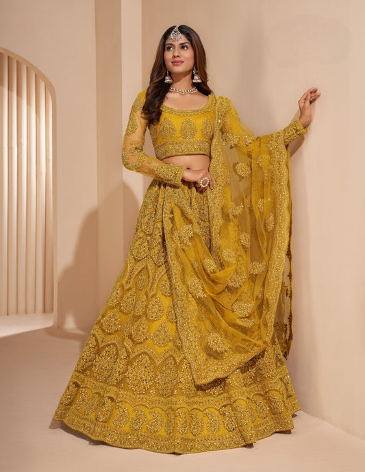 Turmeric Yellow Heavy Embroidered Net Lehenga