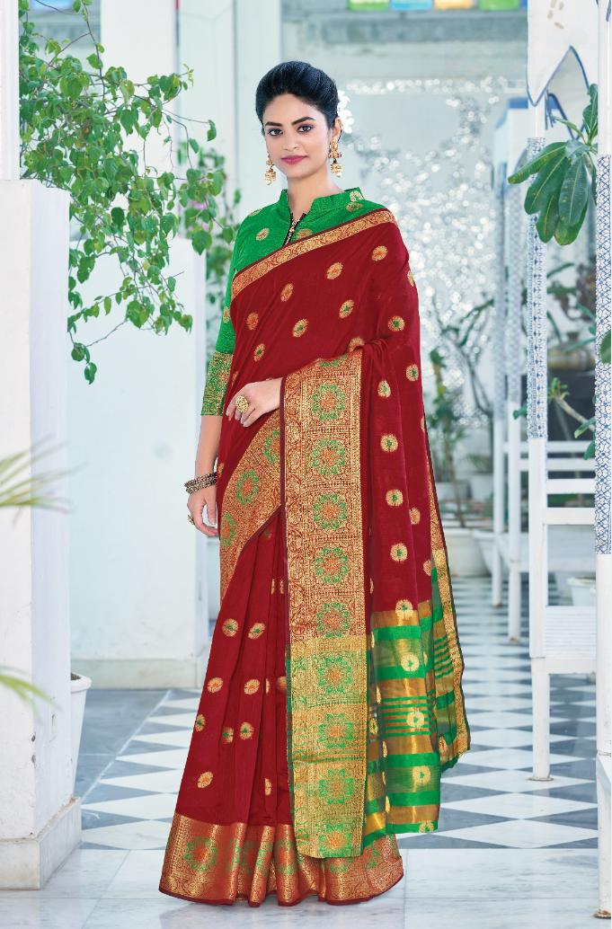 Maroon & Green Handloom Weaved Cotton Saree