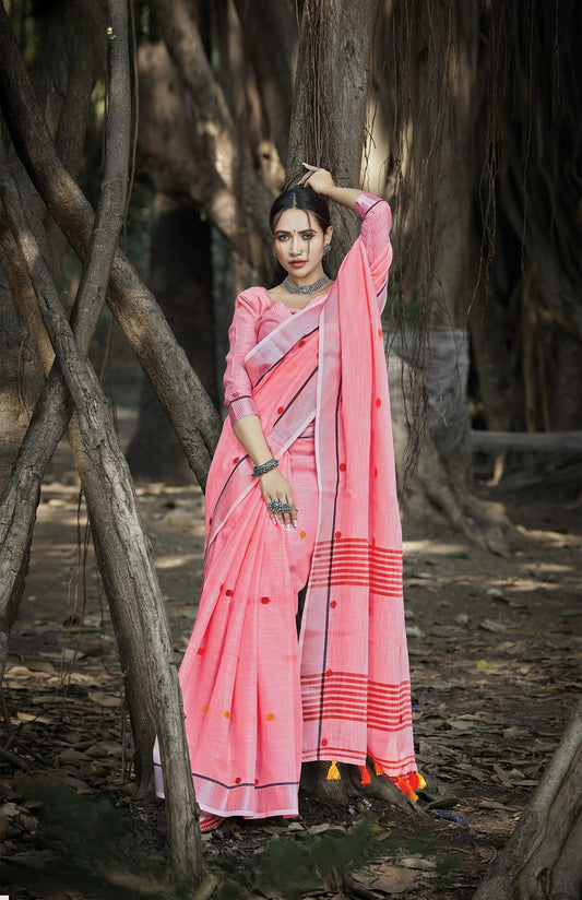 Watermelon Pink Zari Woven Border Linen Saree