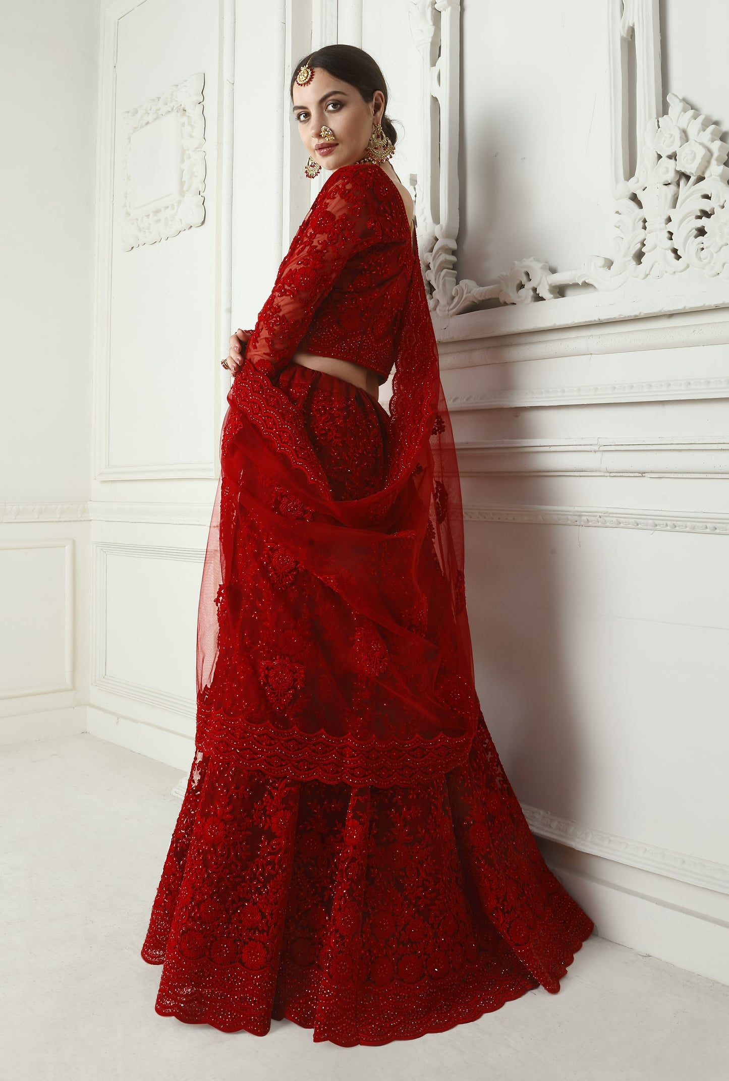 Scarlet Red Heavy Embroidered Net Lehenga