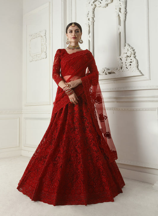 Scarlet Red Heavy Embroidered Net Lehenga