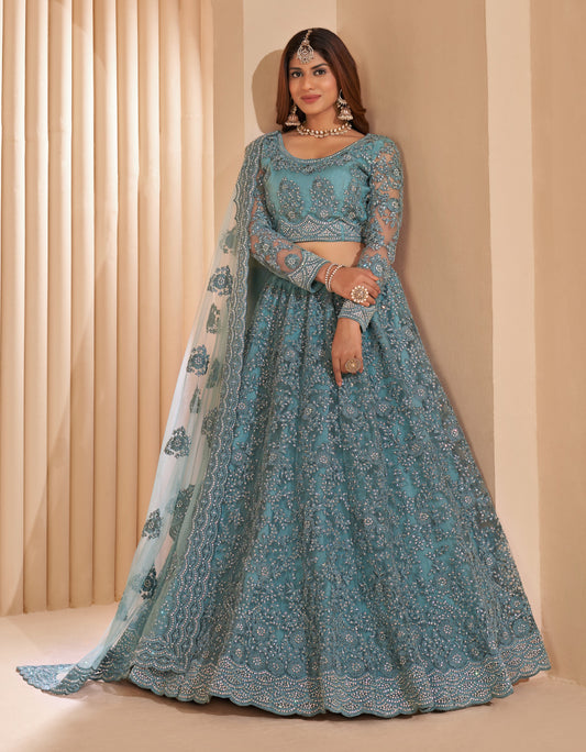 Dusty Turquoise Heavy Embroidered Net Lehenga