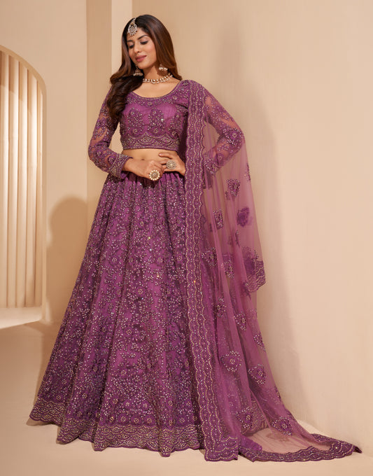 Taffy Mauve Heavy Embroidered Net Lehenga