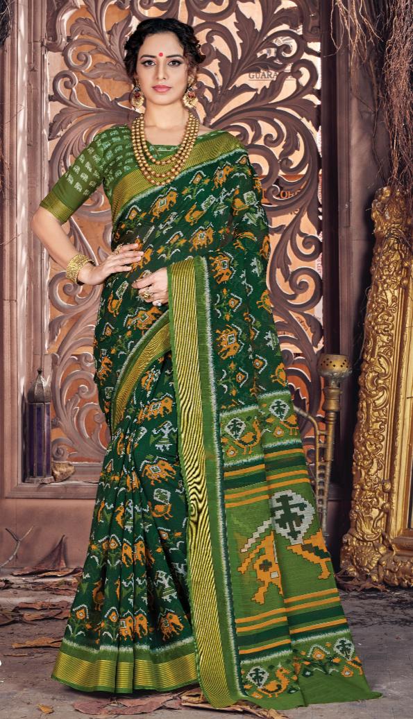 Dark Green Printed Handloom Cotton Saree