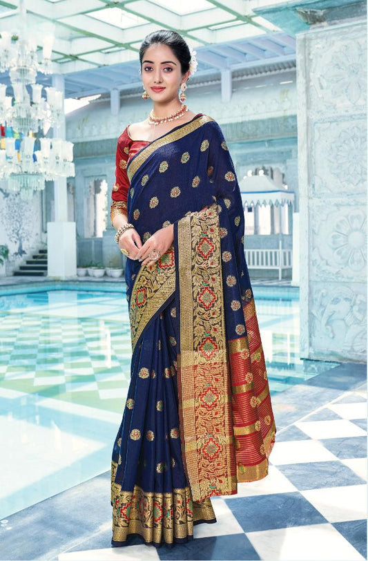 Navy Blue Handloom Weaved Cotton Saree