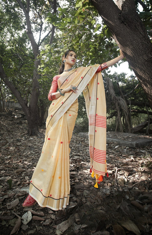 Dusty Beige Zari Woven Border Linen Saree