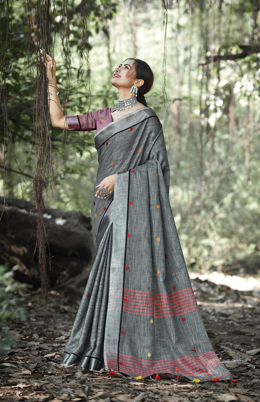 Ash Grey Zari Woven Border Linen Saree