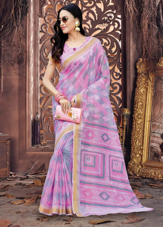 Pink Printed Handloom Cotton Saree