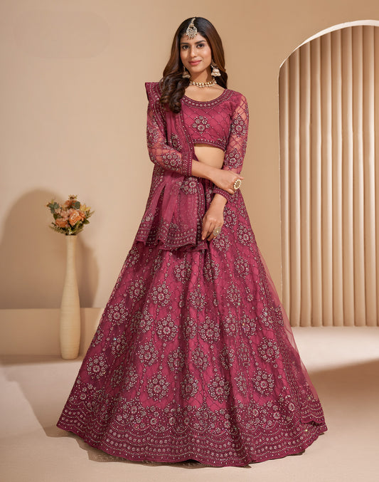 Rusty Red Heavy Embroidered Net Lehenga