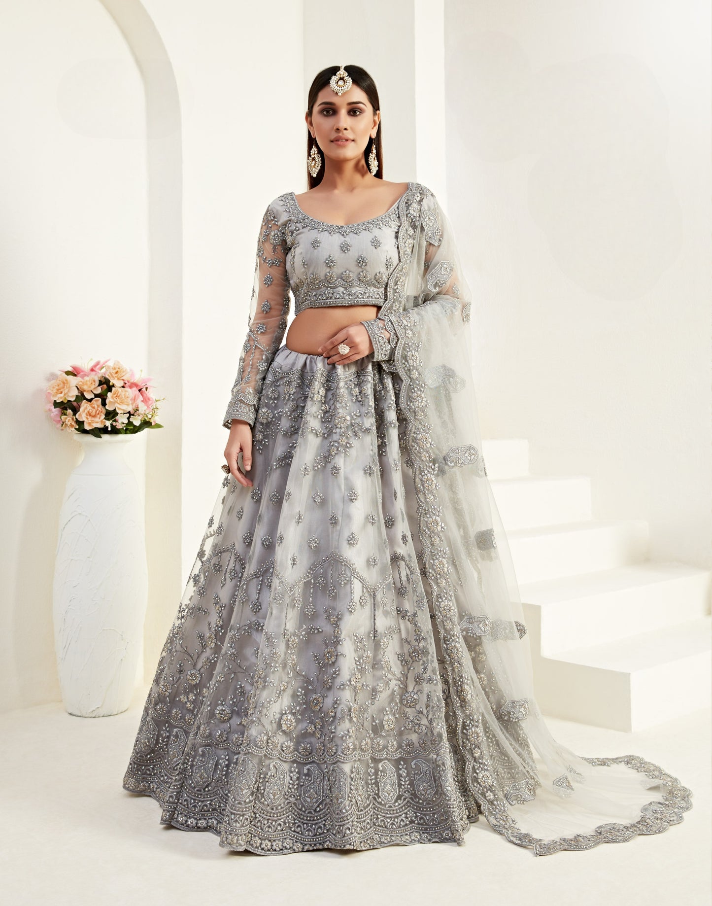 Slate Grey Heavy Embroidered Net Bridal Lehenga