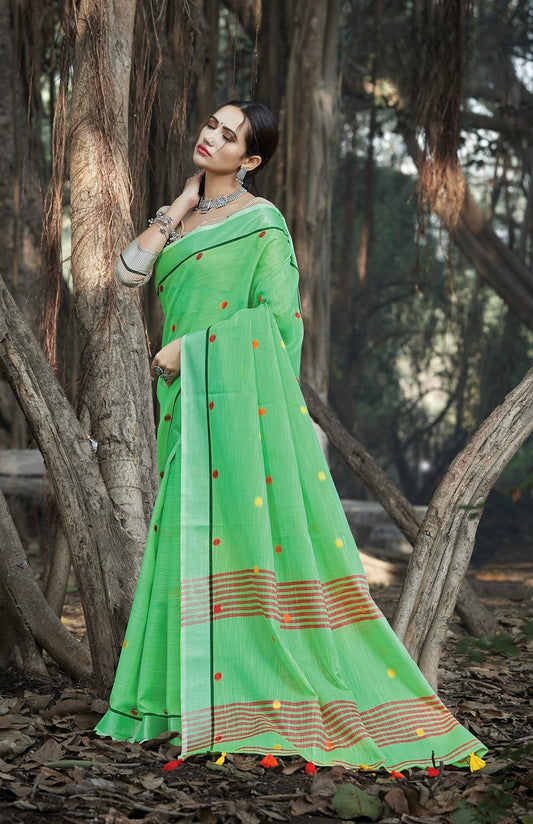 Bay Green Zari Woven Border Linen Saree