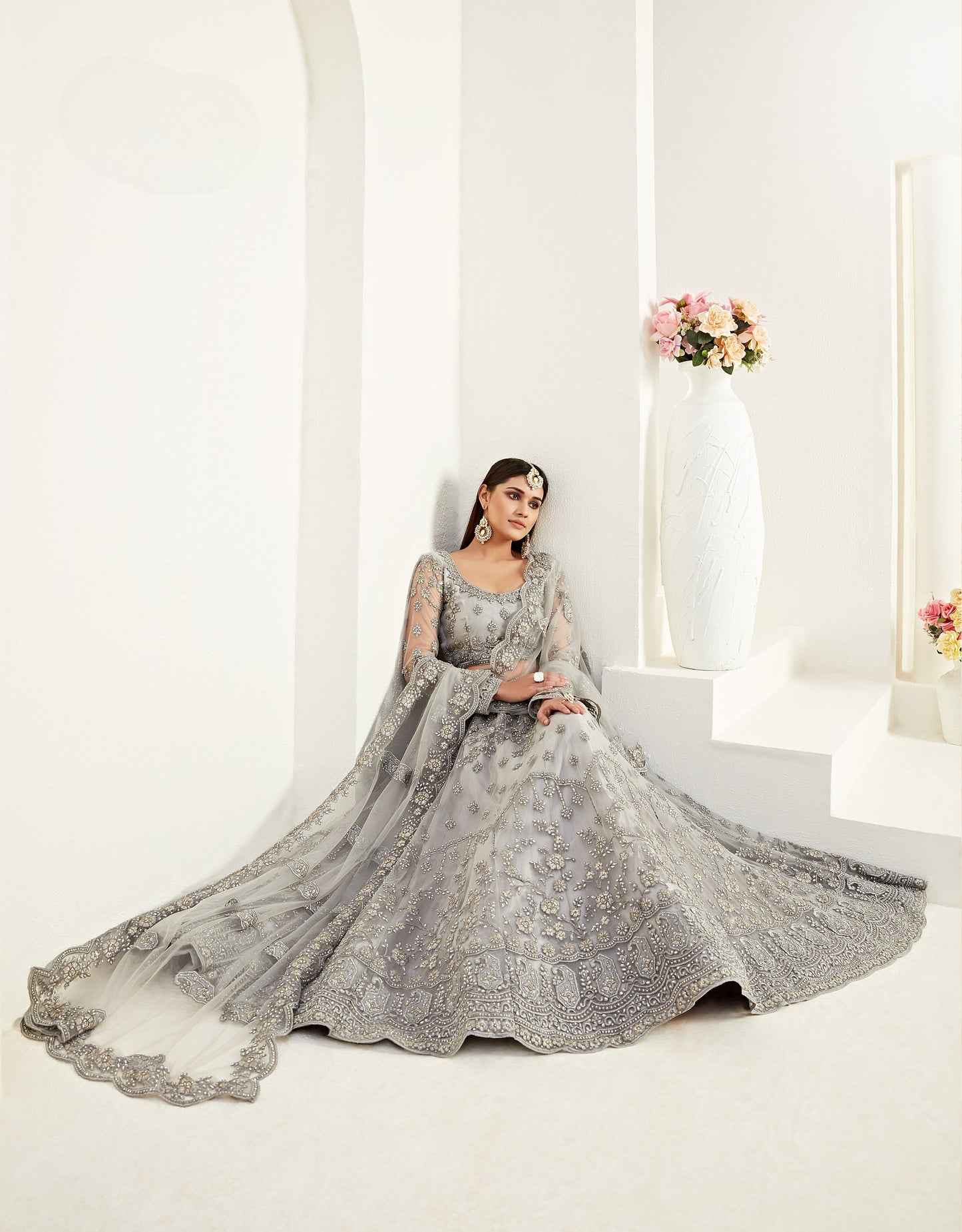 Slate Grey Heavy Embroidered Net Bridal Lehenga