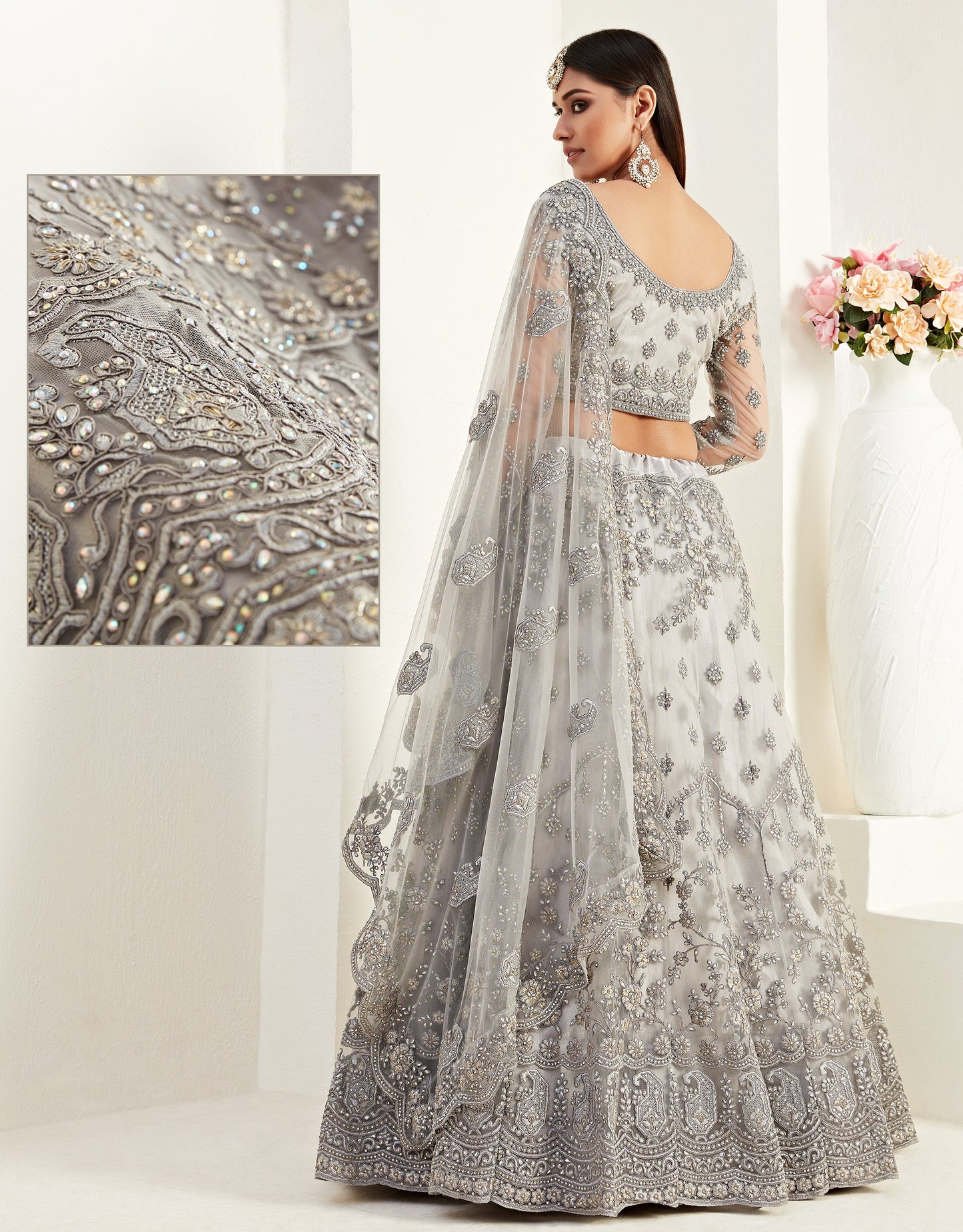 Slate Grey Heavy Embroidered Net Bridal Lehenga