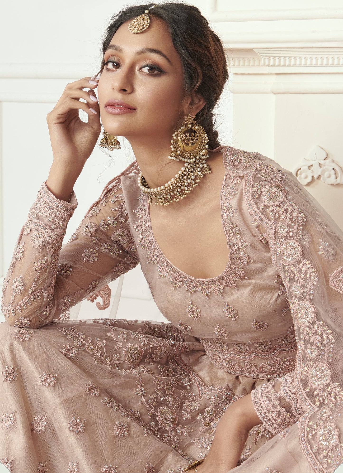 Rose Pink Heavy Embroidered Net Bridal Lehenga