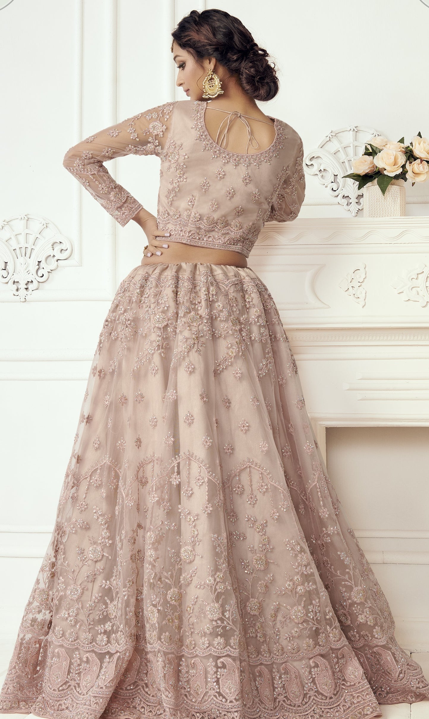 Rose Pink Heavy Embroidered Net Bridal Lehenga