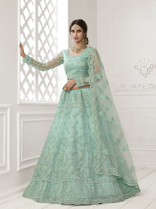 Sea Green Heavy Embroidered Net Bridal Lehenga