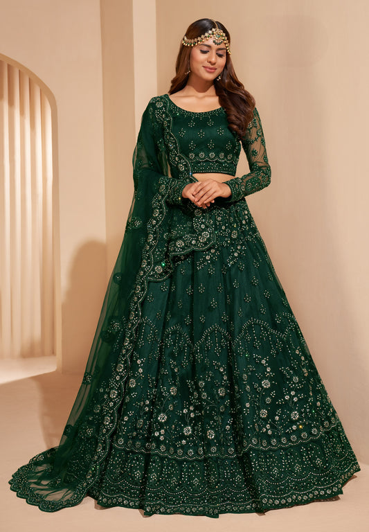 Pine Green Heavy Embroidered Net Lehenga