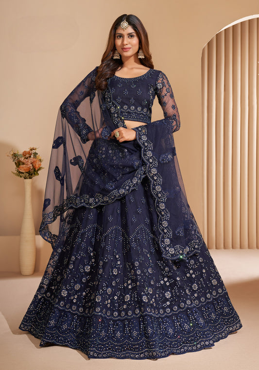 Ink Blue Heavy Embroidered Net Lehenga