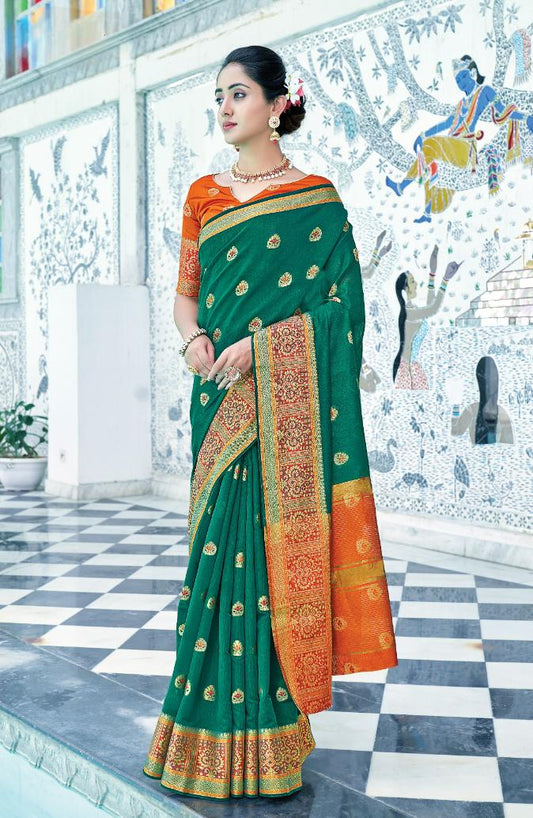 Forest Green Handloom Weaved Cotton Saree