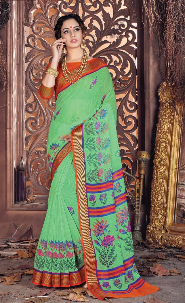 Savanaah Green Printed Handloom Cotton Saree