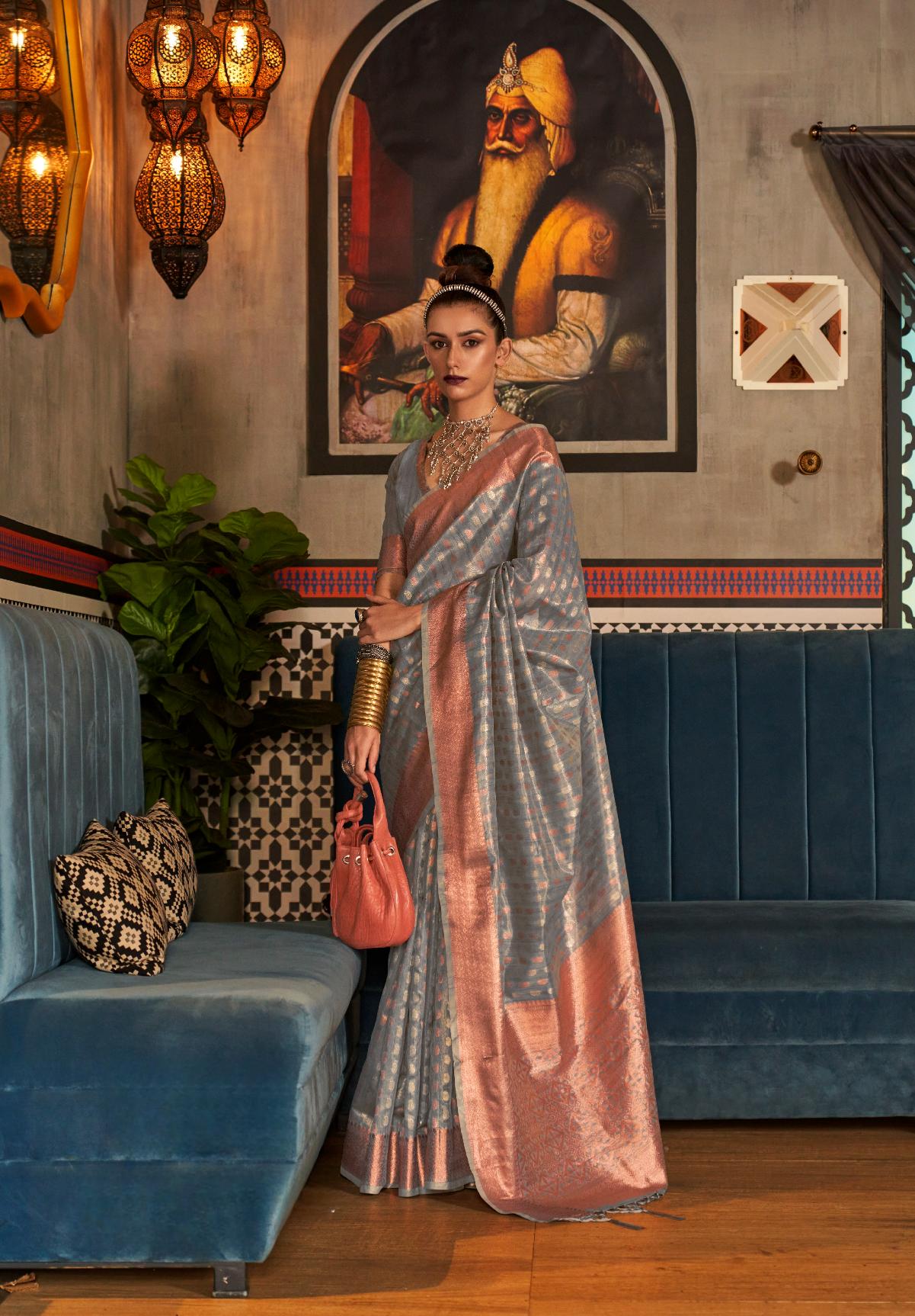 Ash Grey Tissue Silk Handloom Saree