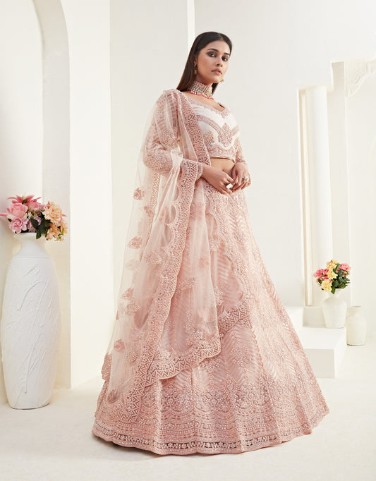 Apricot Peach Heavy Embroidered Net Bridal Lehenga