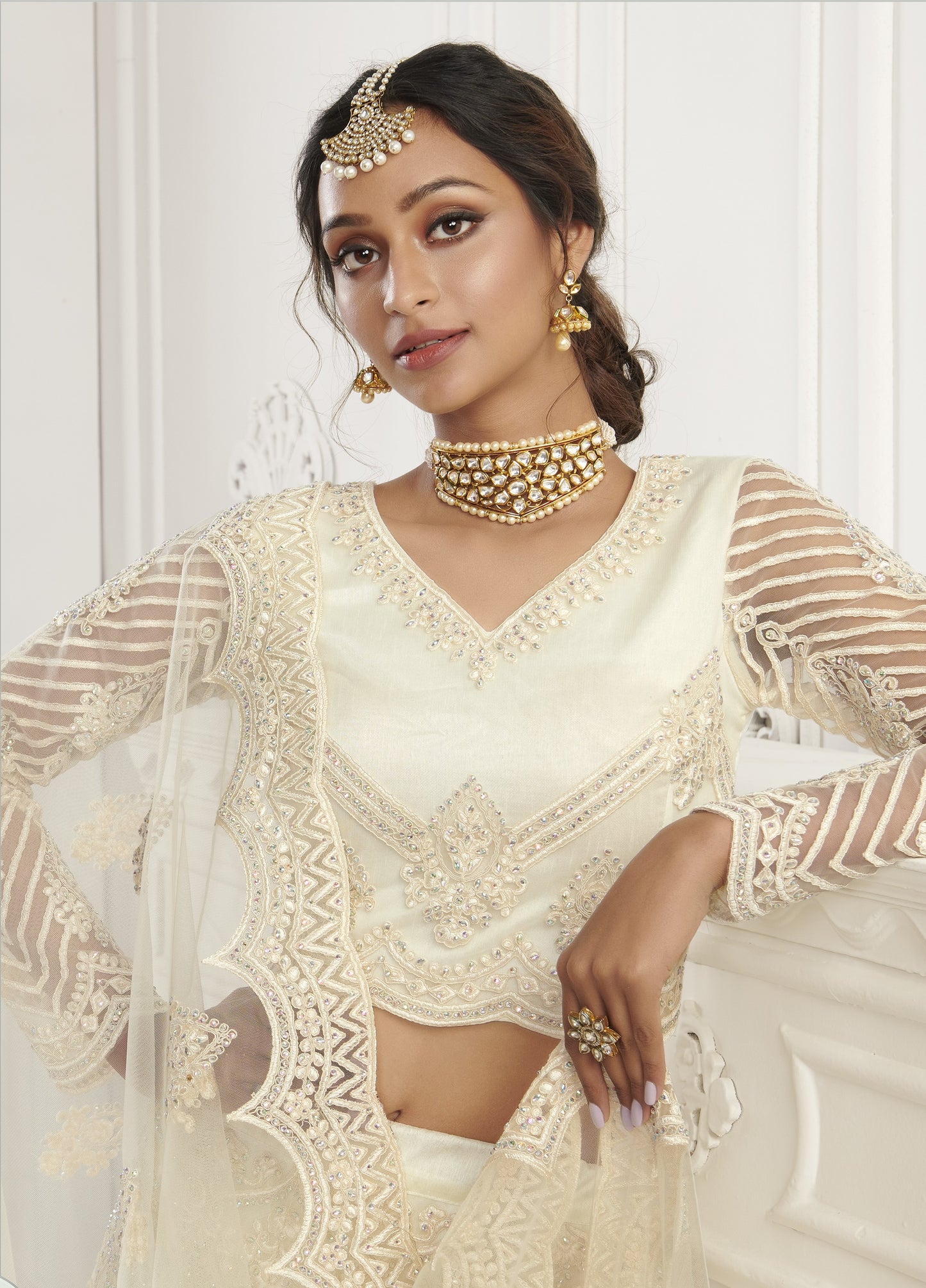 Butter White Heavy Embroidered Net Bridal Lehenga