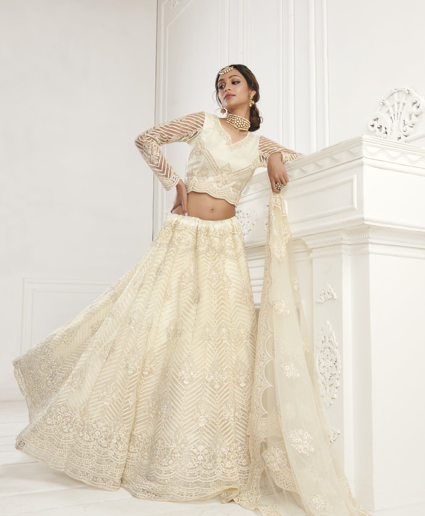 Butter White Heavy Embroidered Net Bridal Lehenga