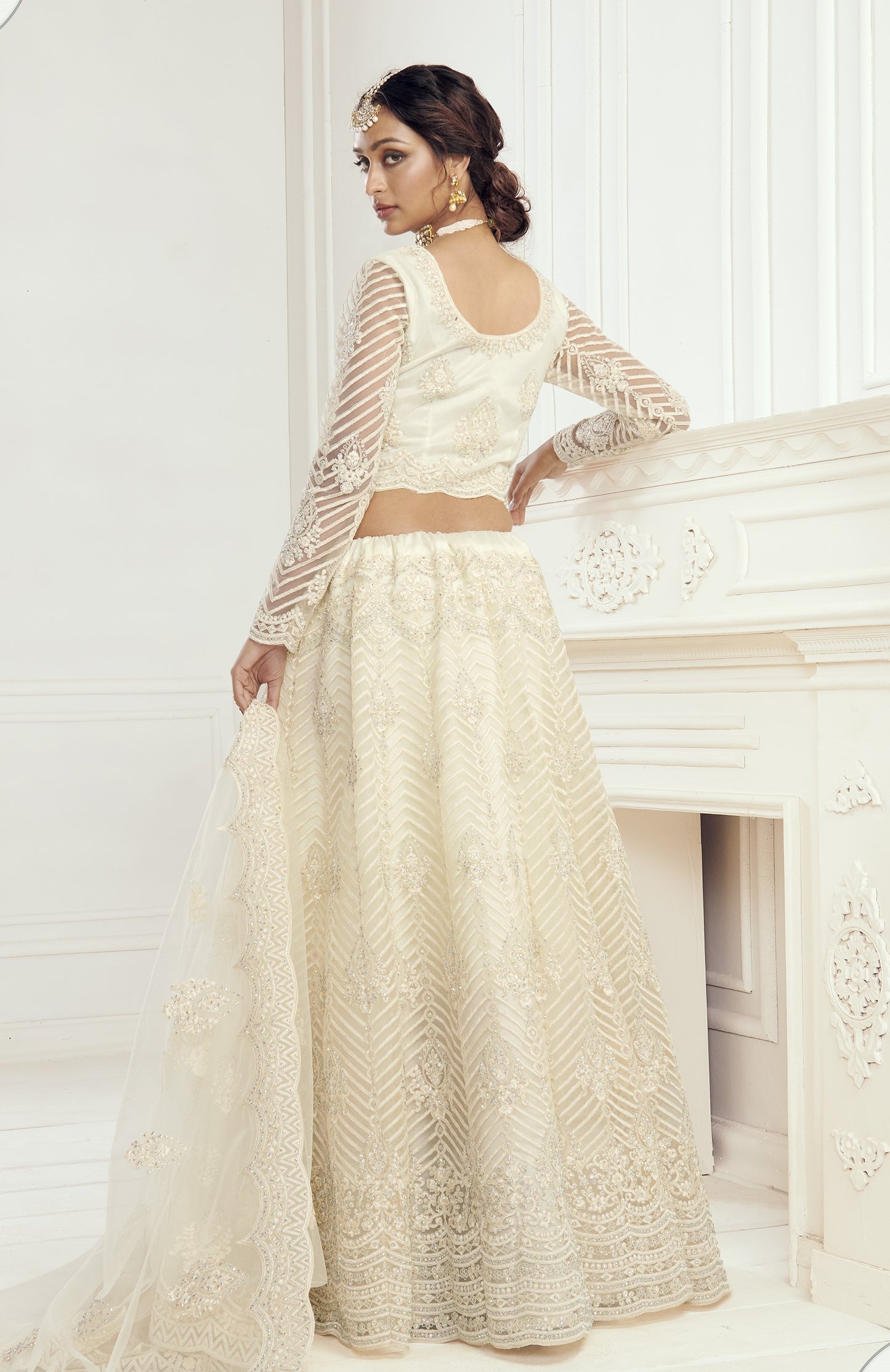 Butter White Heavy Embroidered Net Bridal Lehenga