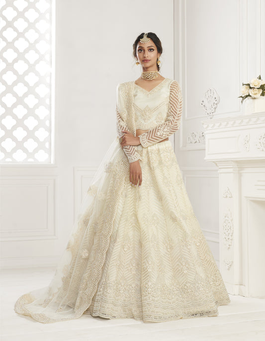 Butter White Heavy Embroidered Net Bridal Lehenga