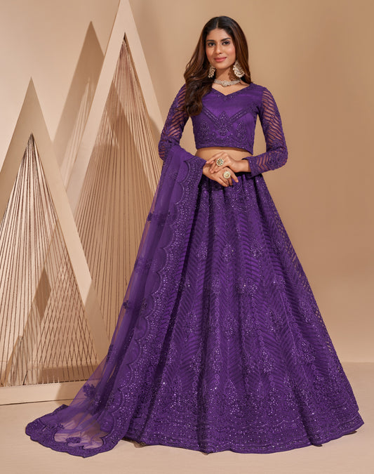 Deep Purple Heavy Embroidered Net Lehenga