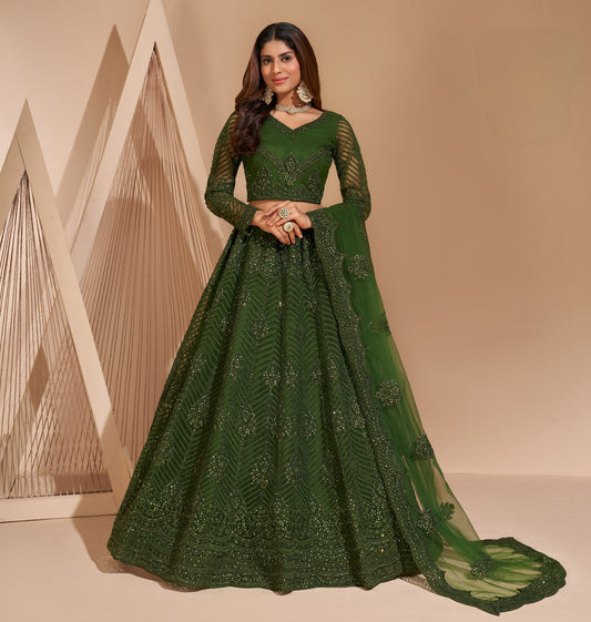 Mehendi Green Heavy Embroidered Net Lehenga