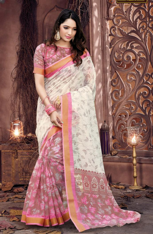 Pearl White & Pink Printed Handloom Cotton Saree