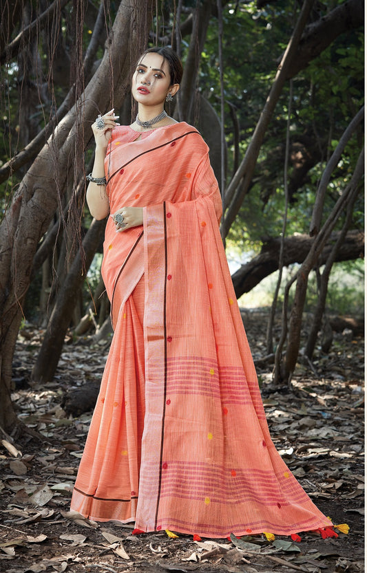 Flamingo Pink Zari Woven Border Linen Saree