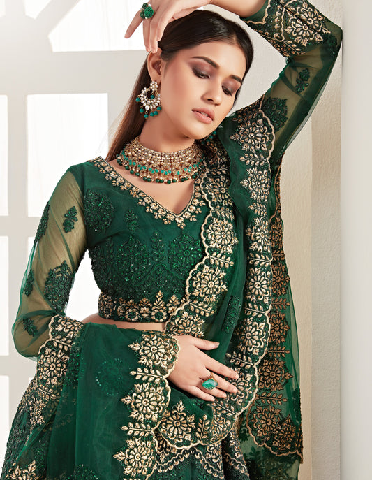 Deep Green Heavy Embroidered Net Bridal Lehenga