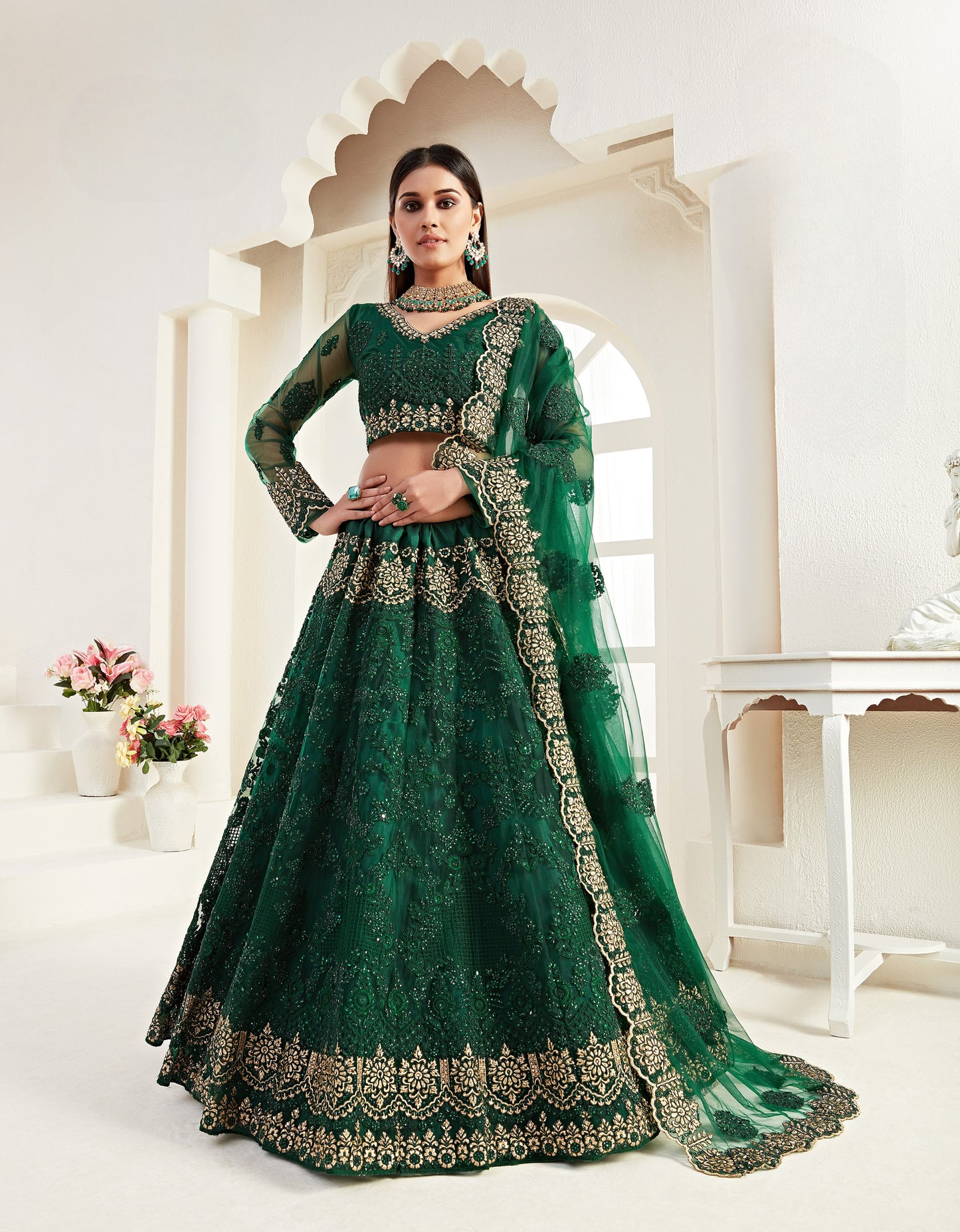 Deep Green Heavy Embroidered Net Bridal Lehenga