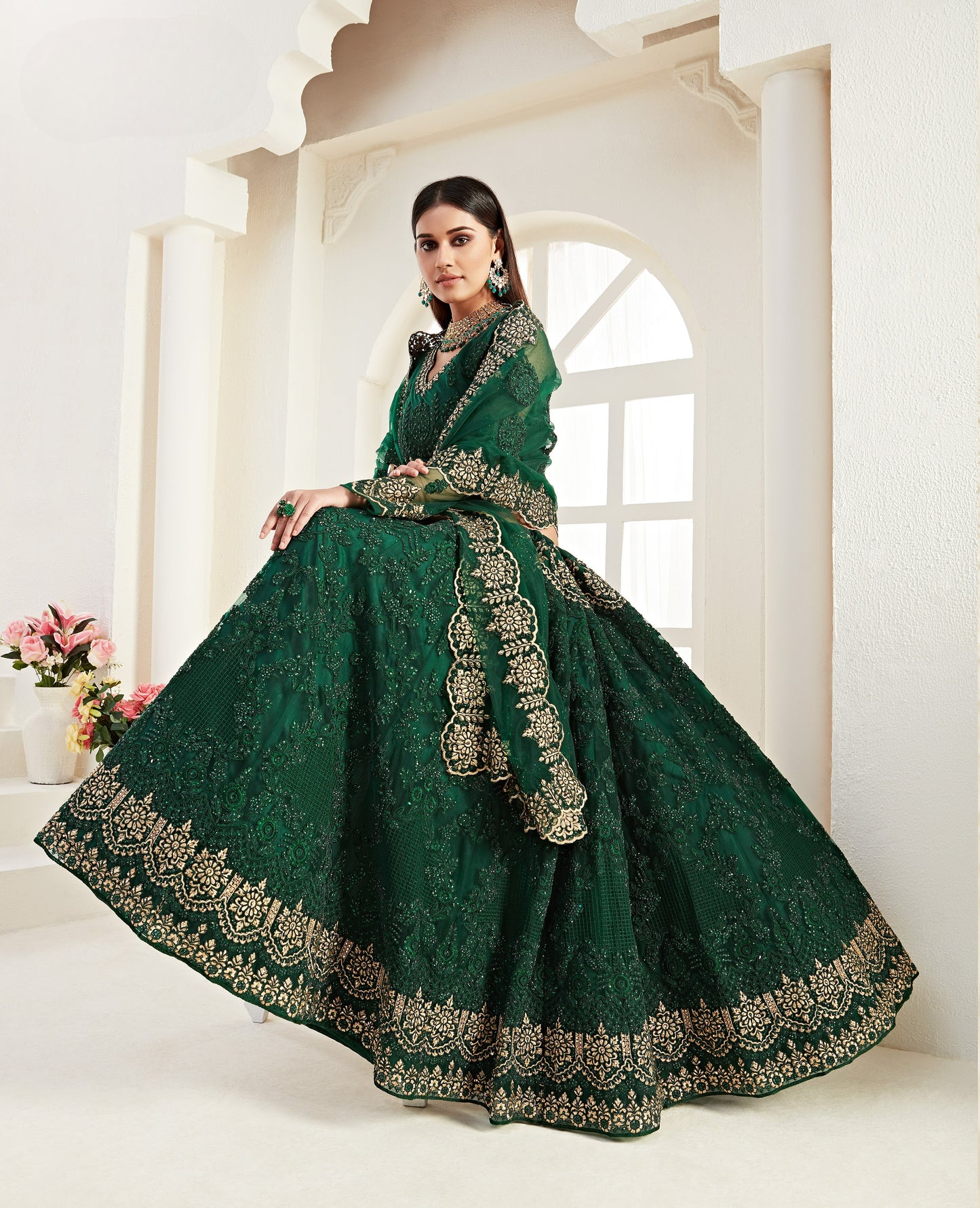 Deep Green Heavy Embroidered Net Bridal Lehenga