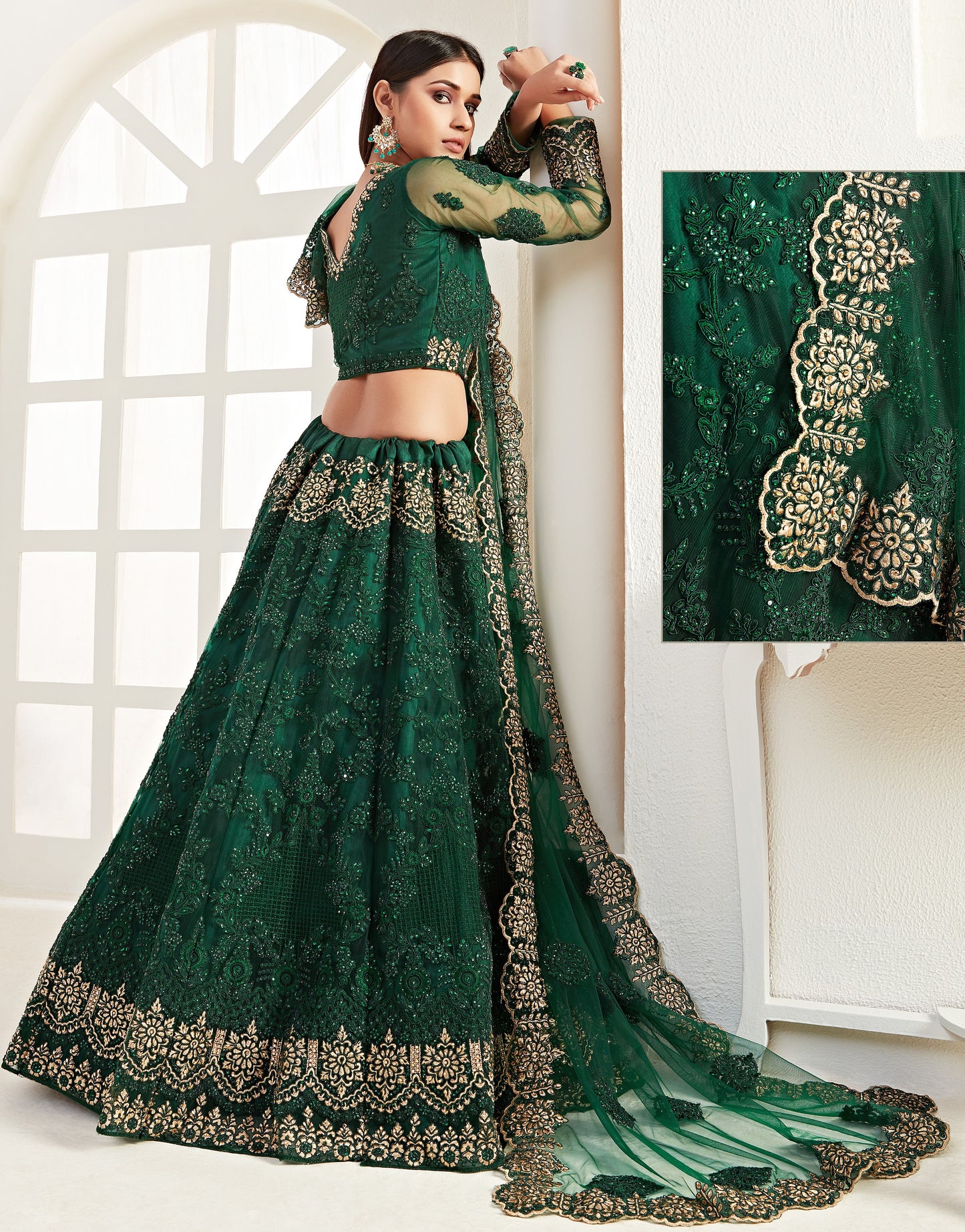 Deep Green Heavy Embroidered Net Bridal Lehenga